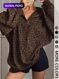 Women's Leopard Print Half Zip Pullover Oversized