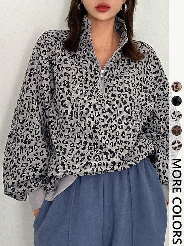 Women's Leopard Print Half Zip Pullover Oversized