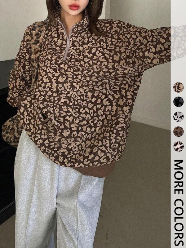 Women's Leopard Print Half Zip Pullover Oversized