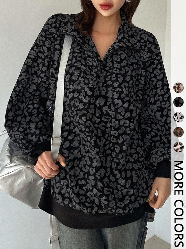 Women's Leopard Print Half Zip Pullover Oversized