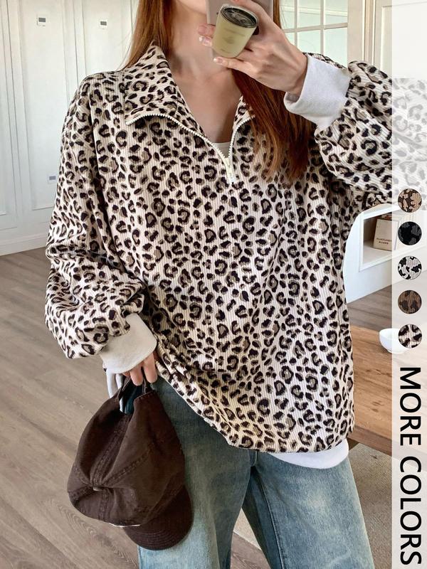 Women's Leopard Print Half Zip Pullover Oversized